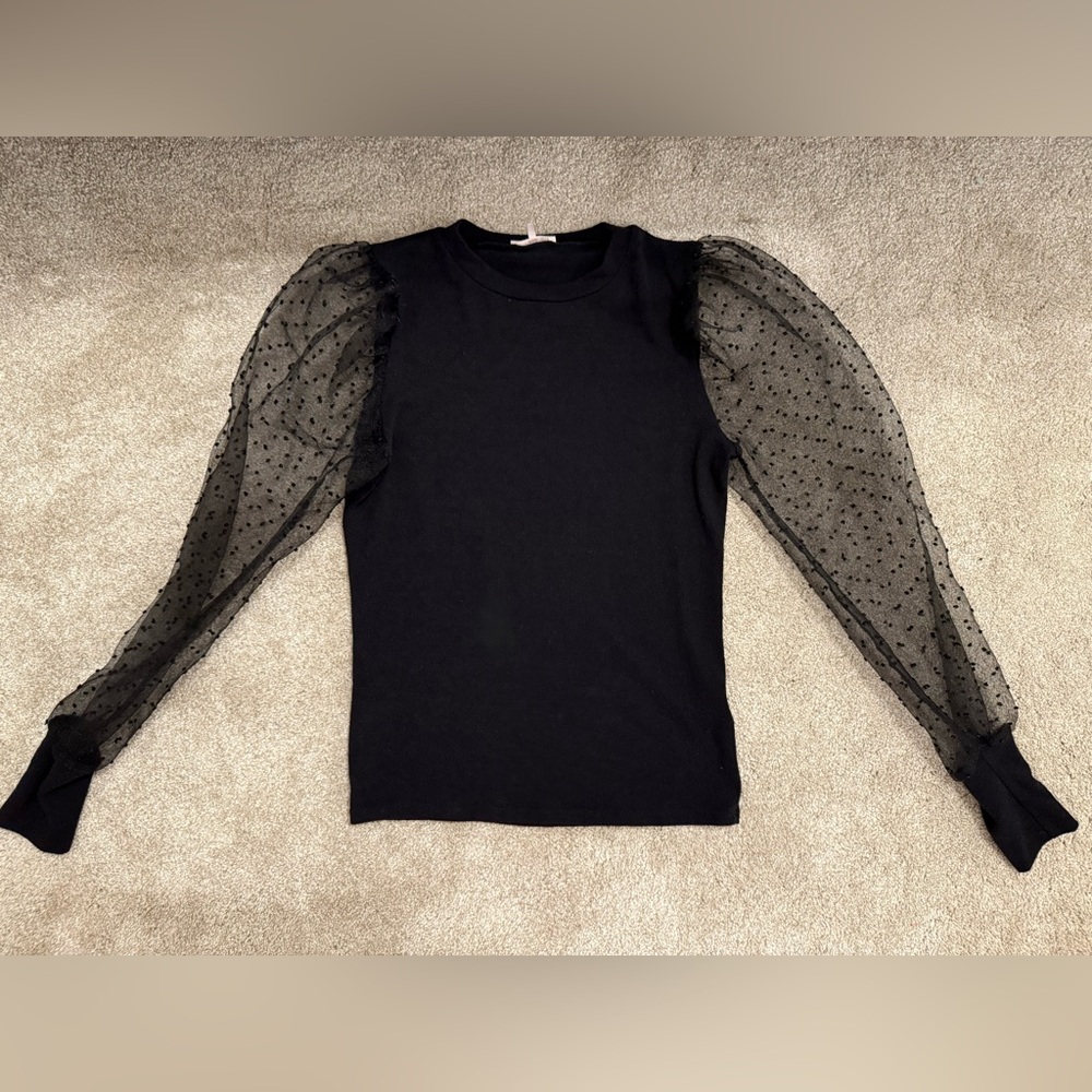 Black boutique top with sheer sleeves w/ polka dots, size s